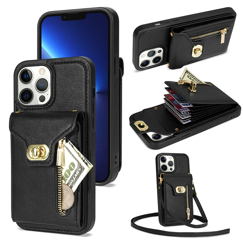 

Wallet Leather Case For iPhone 14 13 12 11 Pro Max Crossbody Lanyard Cover For iPhone 7 8 plus XR XS Max Card Slot Flip Cover