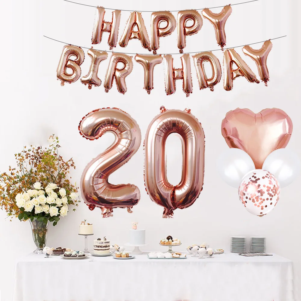 20 번째 생일 축하 풍선 세트, 실버 소녀 장식 배경, 로즈 골드 배너, 파티 용품 풍선 키트