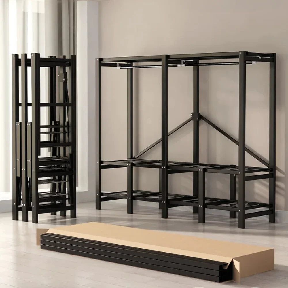Cloth Wardrobe Fabric Wardrobe Folding Wardrobe Installation-Free Foldable Closet with Screen Curtain Simple Durable Steel Frame Dustproof Shelf