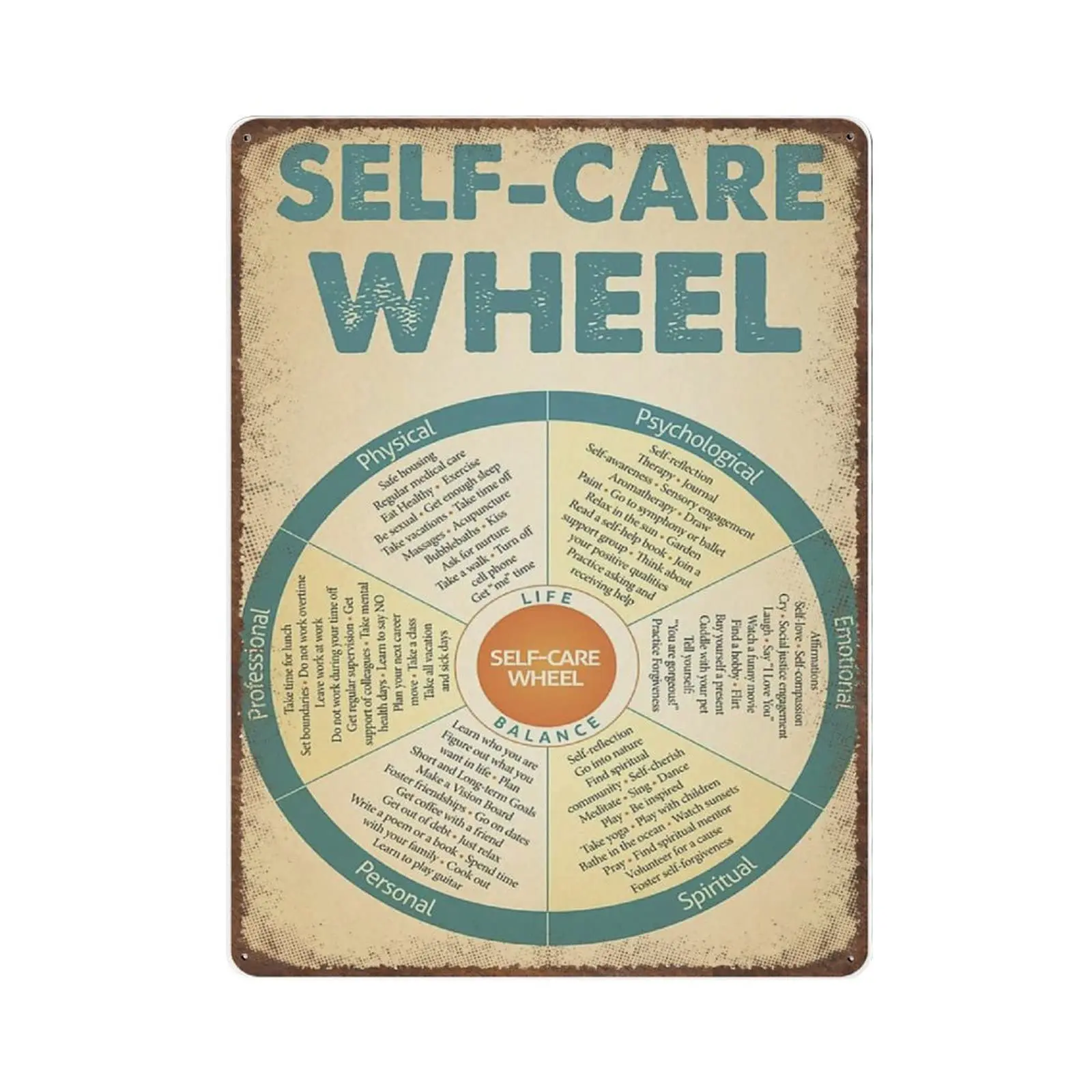 

Vintage Thick Metal Tin Sign-Self-care Wheel Tin Siign, Self Care Chart, Mental Health Poster, Feelings Wheel Print，Home Decor W