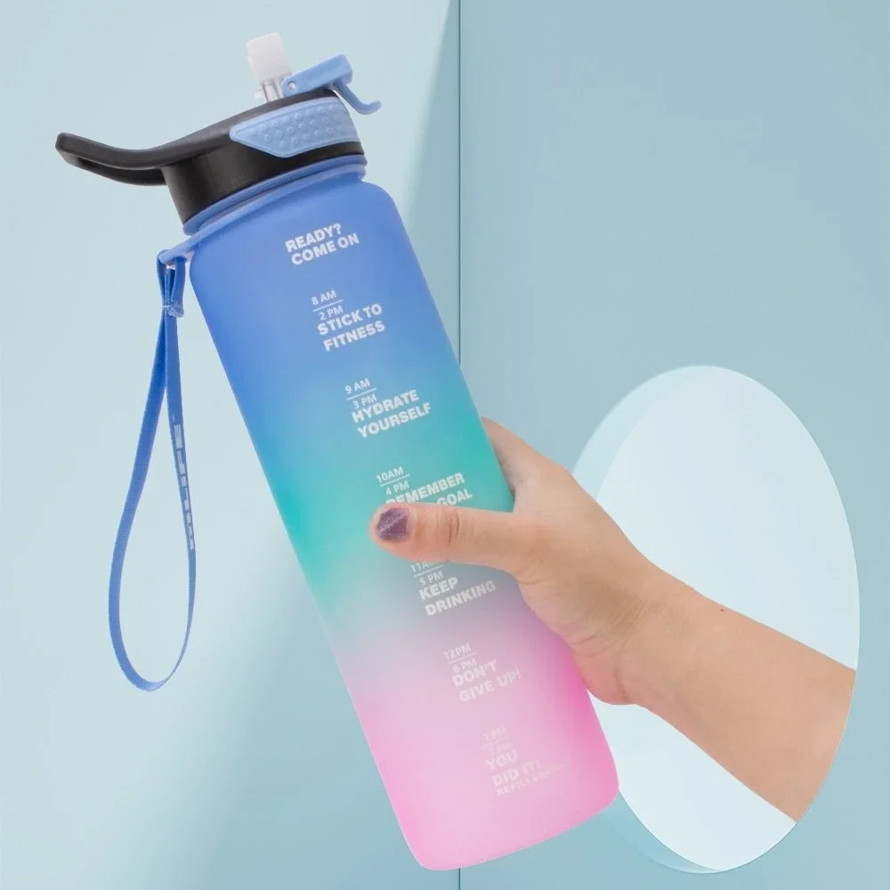 1리터 그라데이션 컬러 동기부여 물병 (시간 표시 및 빨대 포함), 새지 않는 BPA 프리 스포츠 물통 (헬스장, 하이킹용)
