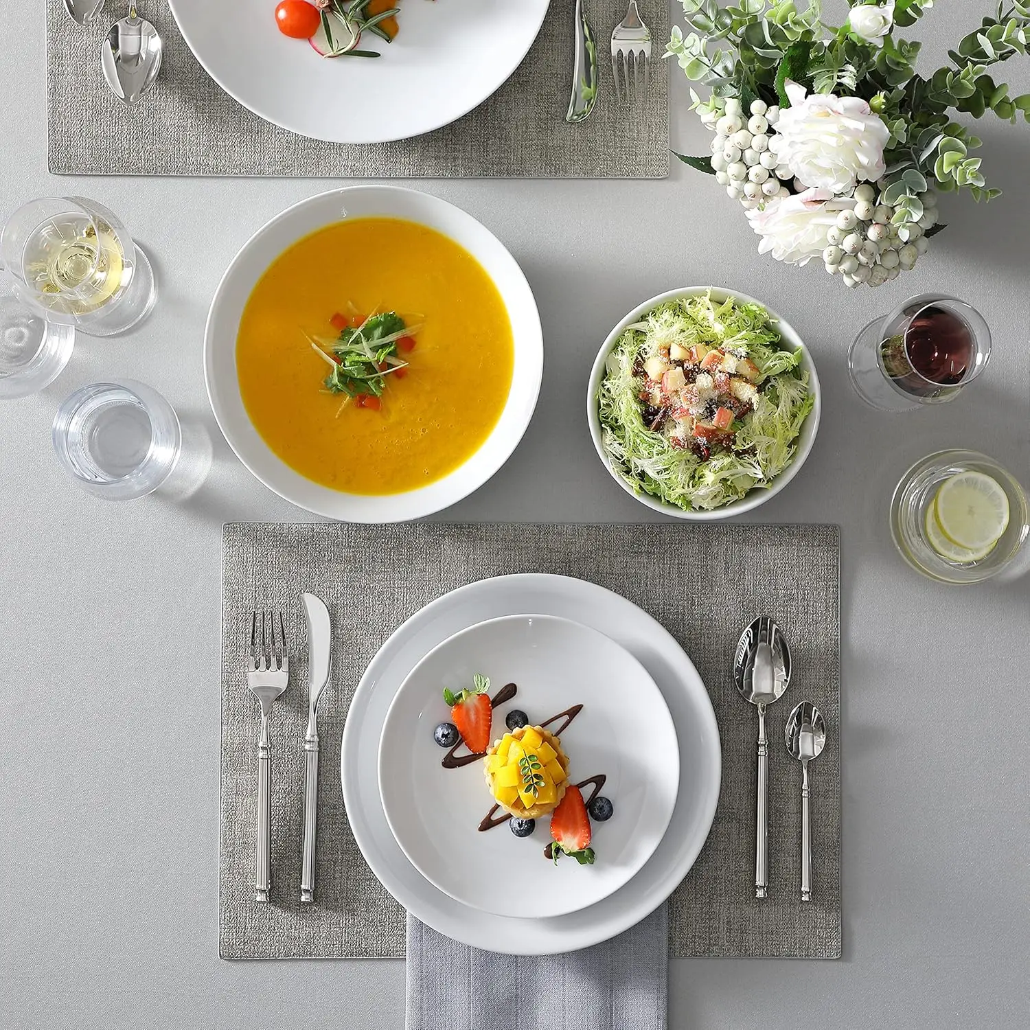 MALACASA 24-Piece Gourmet Porcelain Dinnerware Sets, Modern White Round Dish Set for 6-Premium Serving Plates and Bowls Sets f