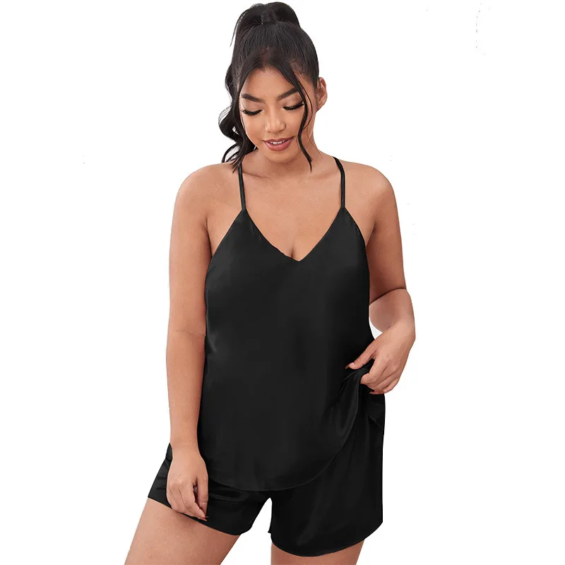 

Manufacturers Add Fat Plus Size Halter Pajamas Women Fashion Sexy Pajamas Two-Piece Imitation Silk Home Set