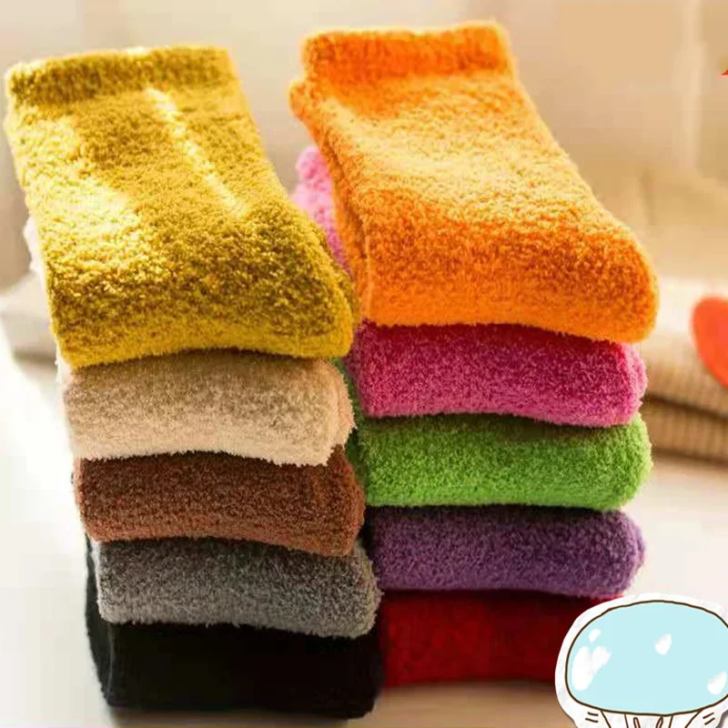 1Pair Winter Sweet Cute Candy Solid Color Soft Warm Thicken Coral Fleece Cotton Baby Middle Tube Socks for Children Boys Girls