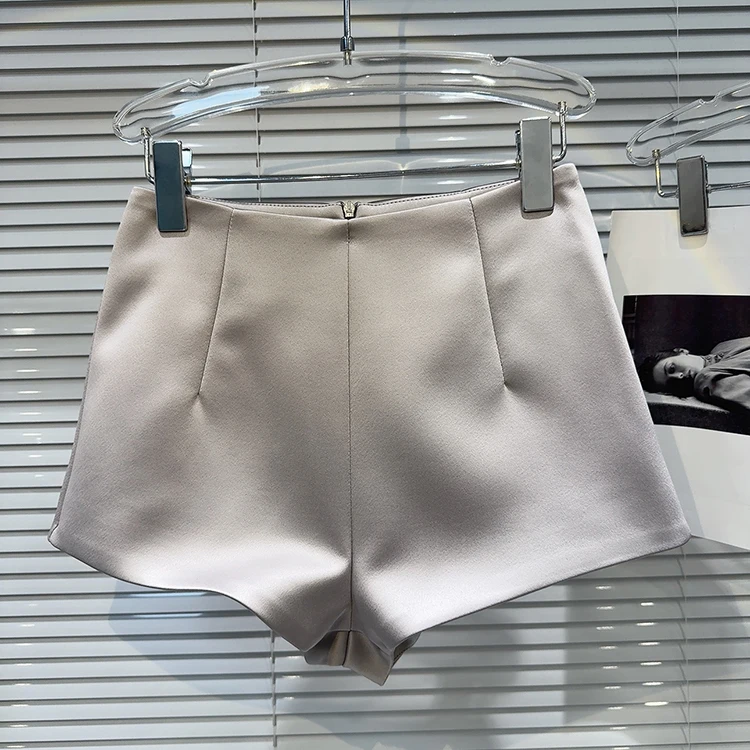 High end 2025 summer new niche solid color satin cotton brocade simple workplace temperament part slim fit shorts