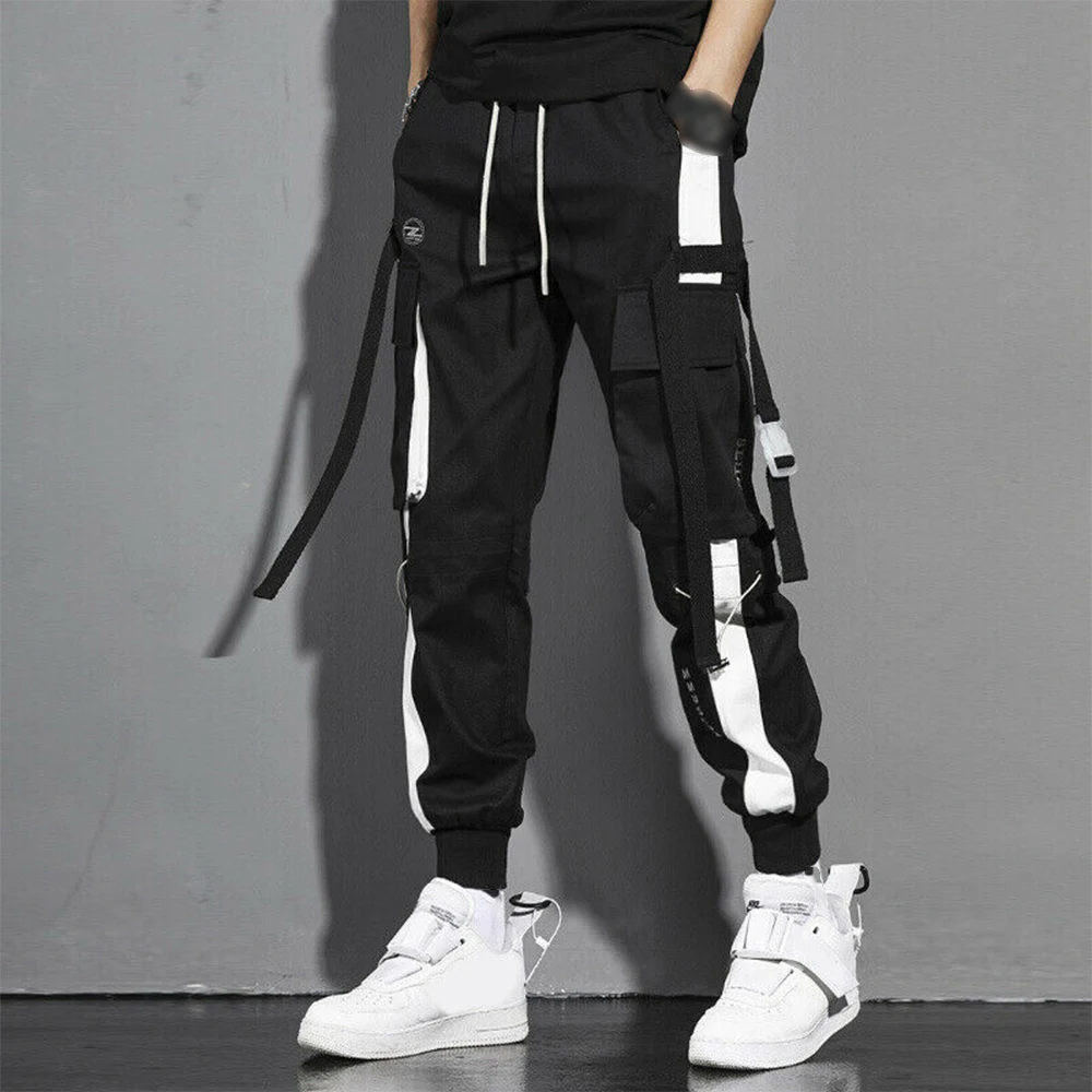 Mens Cargo Pants Casual Trousers Pocket Streetwear Joggers Hip Hop Harem Pants Multi-Pocket Ribbons Male Sweatpants Harem Pants