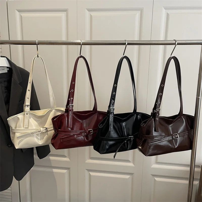 New Fashionable Versatile Belt Buckle Handbag Korean Style Solid Color Soft Leather Women’s Casual Shoulder Bag Underarm Bag