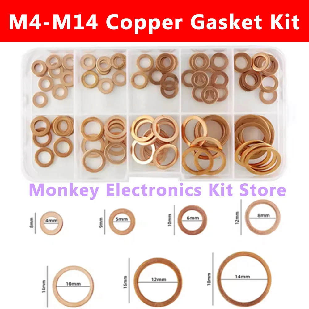 Copper Washer Set 50/100/120/200 Pcs Copper Washer Sealing Gasket Flat Ring Seal Assortment Kit M4 M5 M6 M8 M10 M12 M14 For Sump Plugs