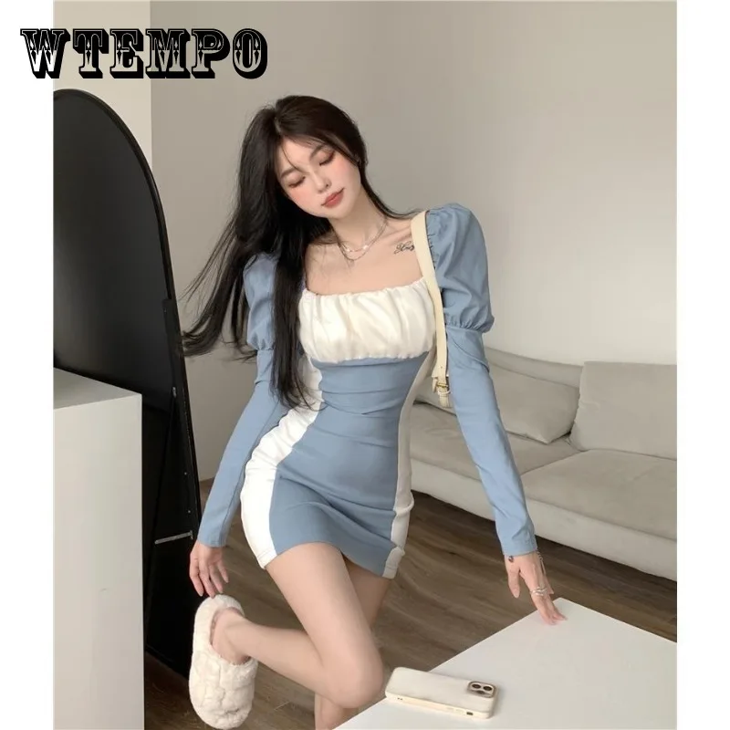 

WTEMPO French Long Bubble Sleeved Square Neck Dress with Waistband Tight and Sexy Mini A-line Dresses New Spring and Autumn 2023
