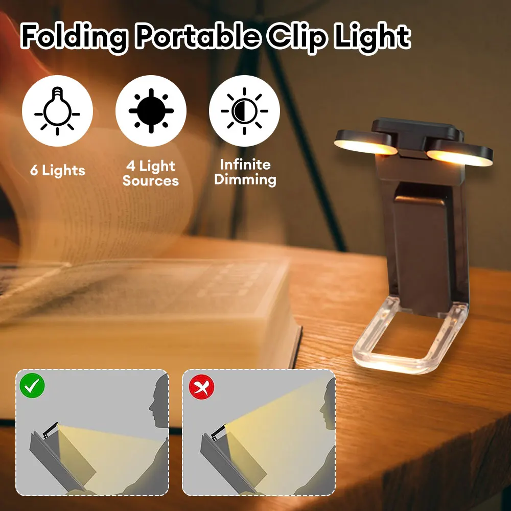 Clip-on Bookmark Book Light USB Rechargeable Reading Light Adjustable Brightness Portable Reading Bedside Desk