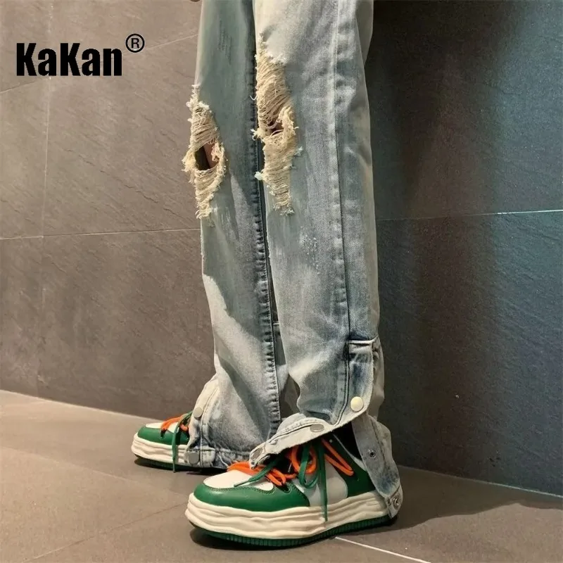 Kakan - Europe and The United States New Buckle Slit Hole Jeans Men's, High Street Micro Flare Slim Pants Long Jeans K63-625