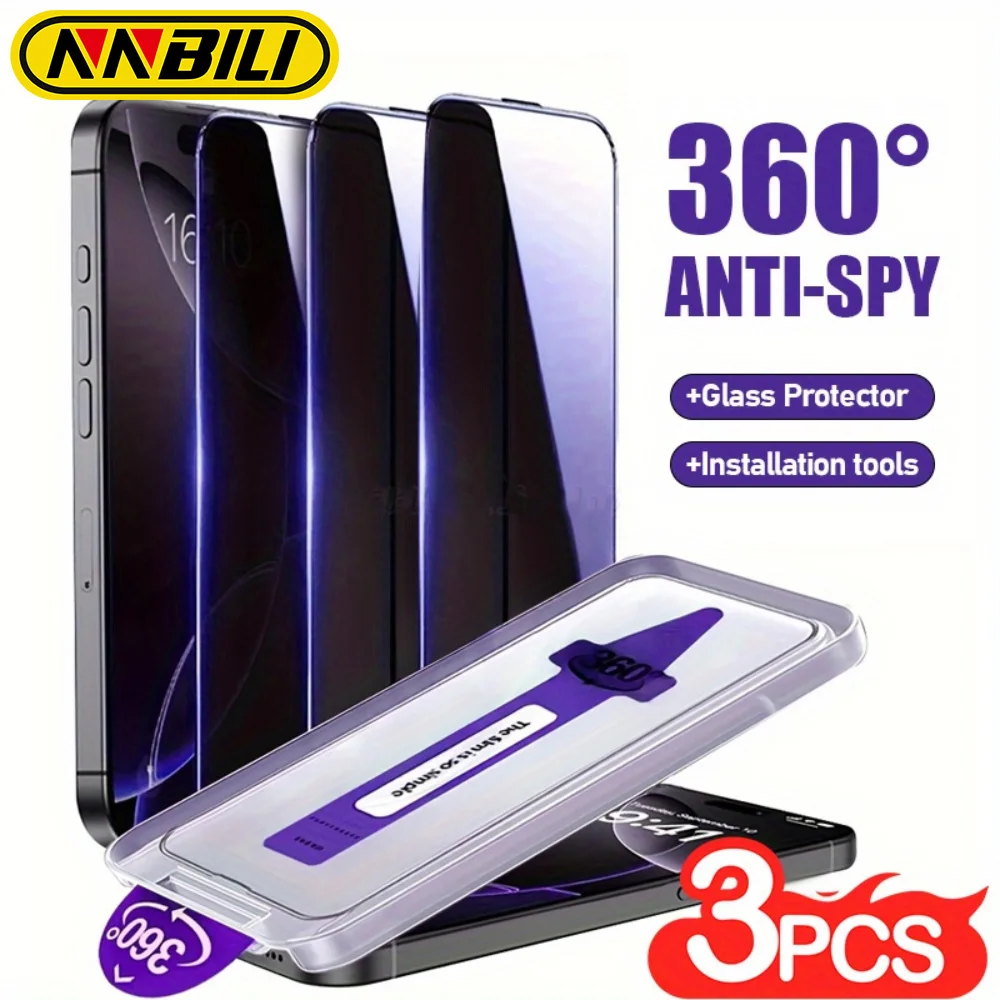 NNBILI 3 Stück 360-Grad-Vierseitige Anti-Spionage-Displayschutzfolie mit Ein-Klick-Installation für iPhone 16 17 18 Pro Max Serie