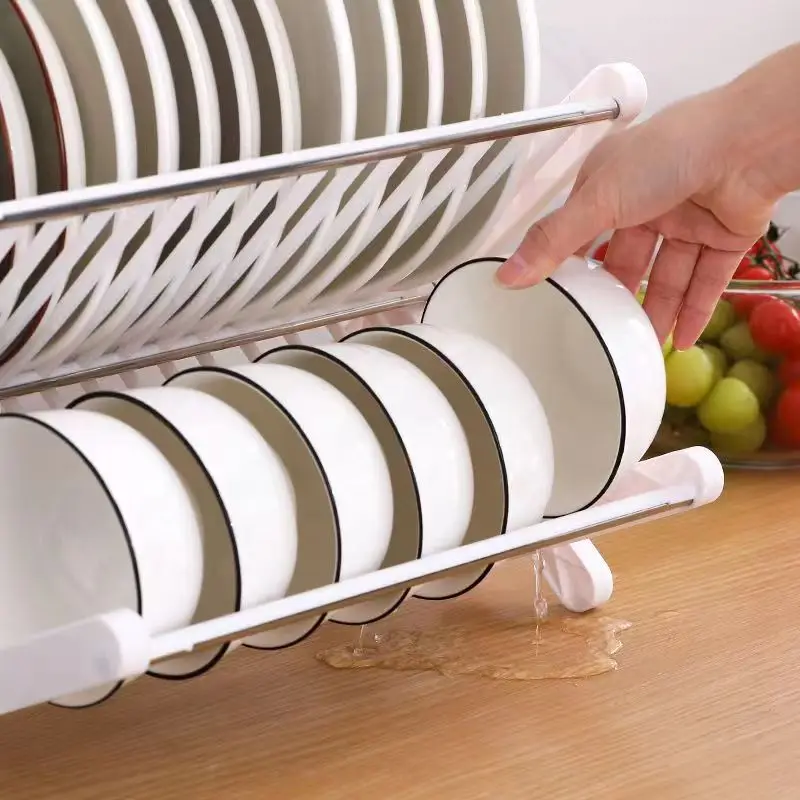 X Shaped Folding Plastic Dish Drying Rack 2 Tiers Plates Bowls