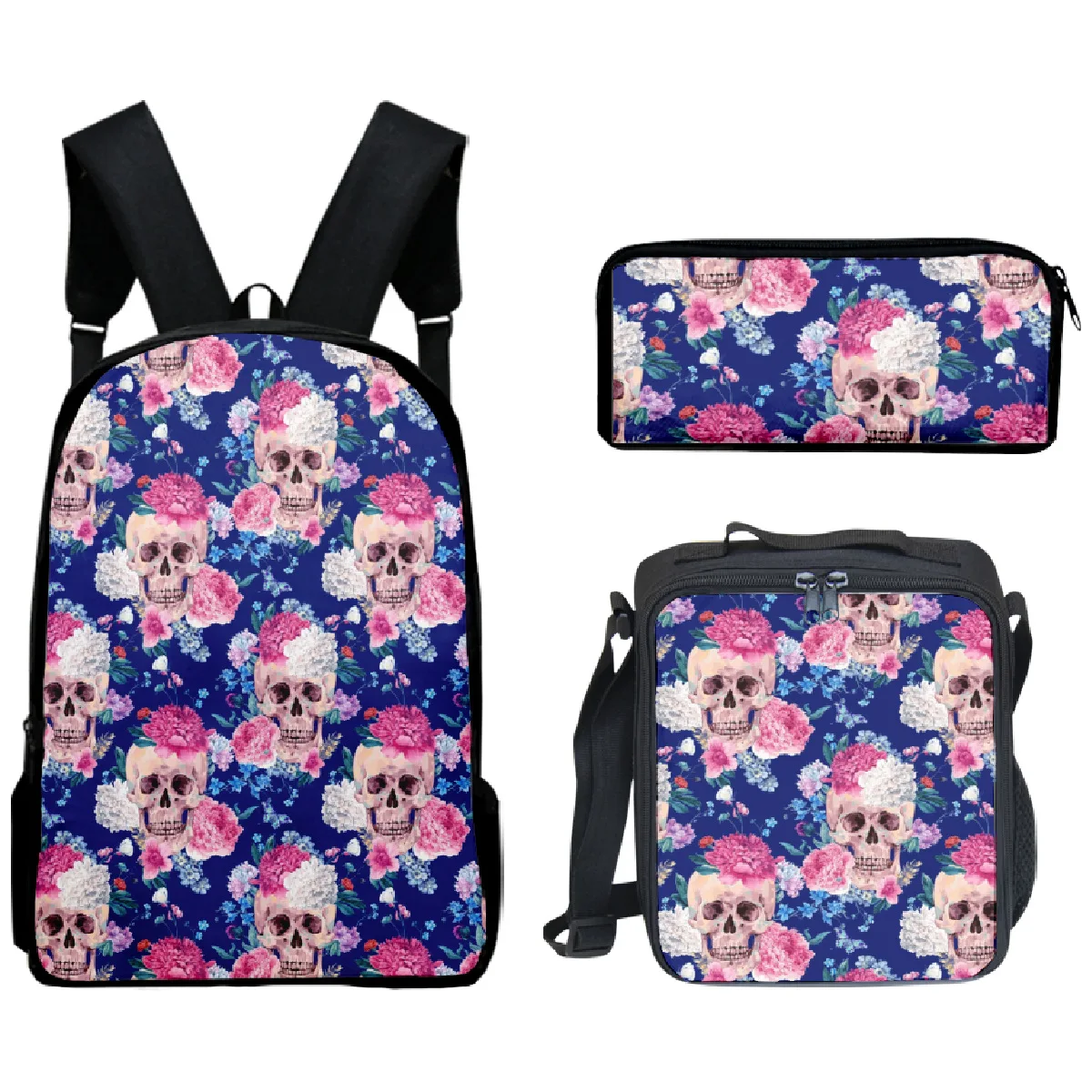 

3psc/set Flower Skull Backpack Primary Middle School Students Boys Girls Schoolbag Lunch Bag Pen Case 3D Oxford Travel Backpack