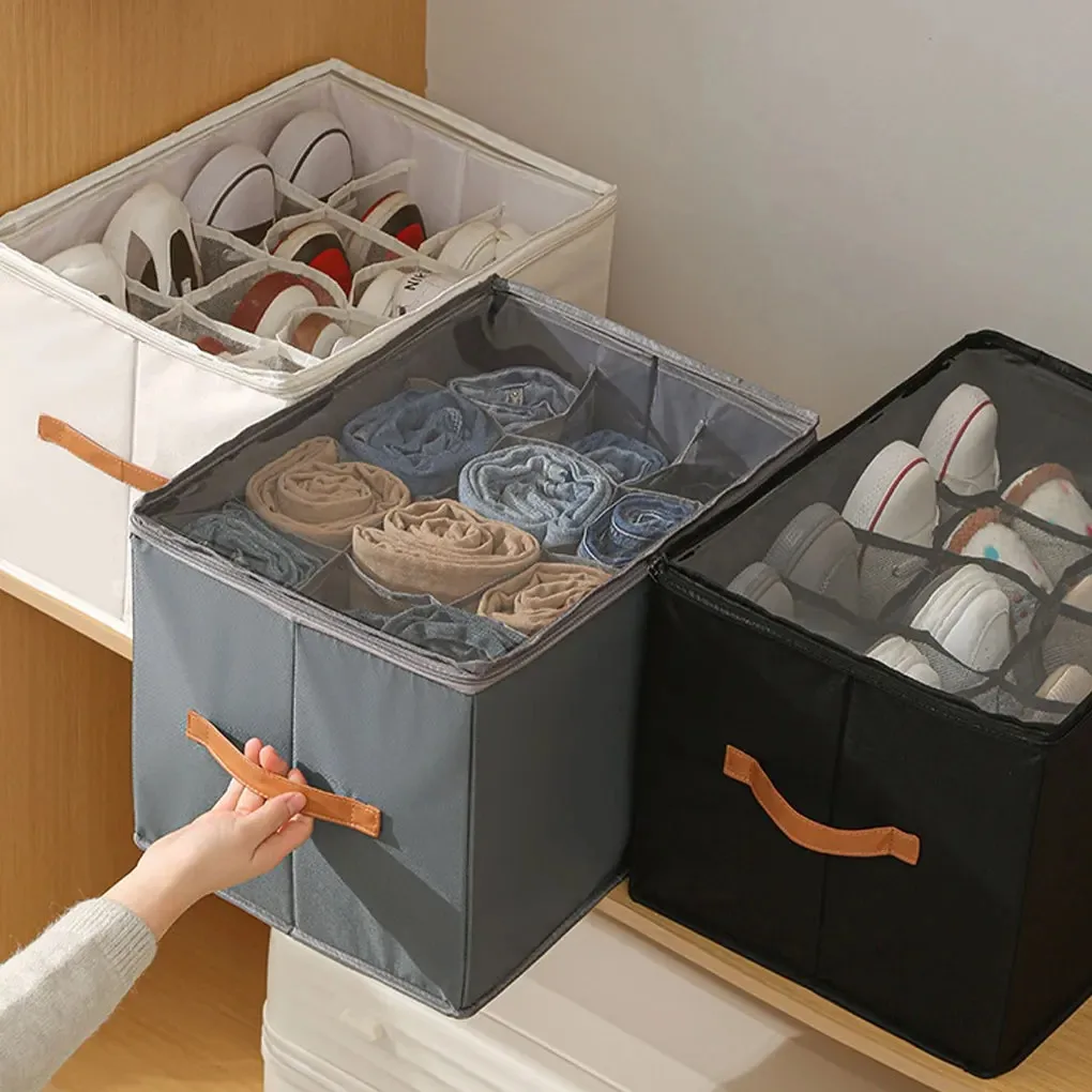 Fabric Shoe Organizer Foldable Shoe Storage Bin with Clear Lid Shoe Storage Box Adjustable Dividers for Sneakers Loafers Sandals 4