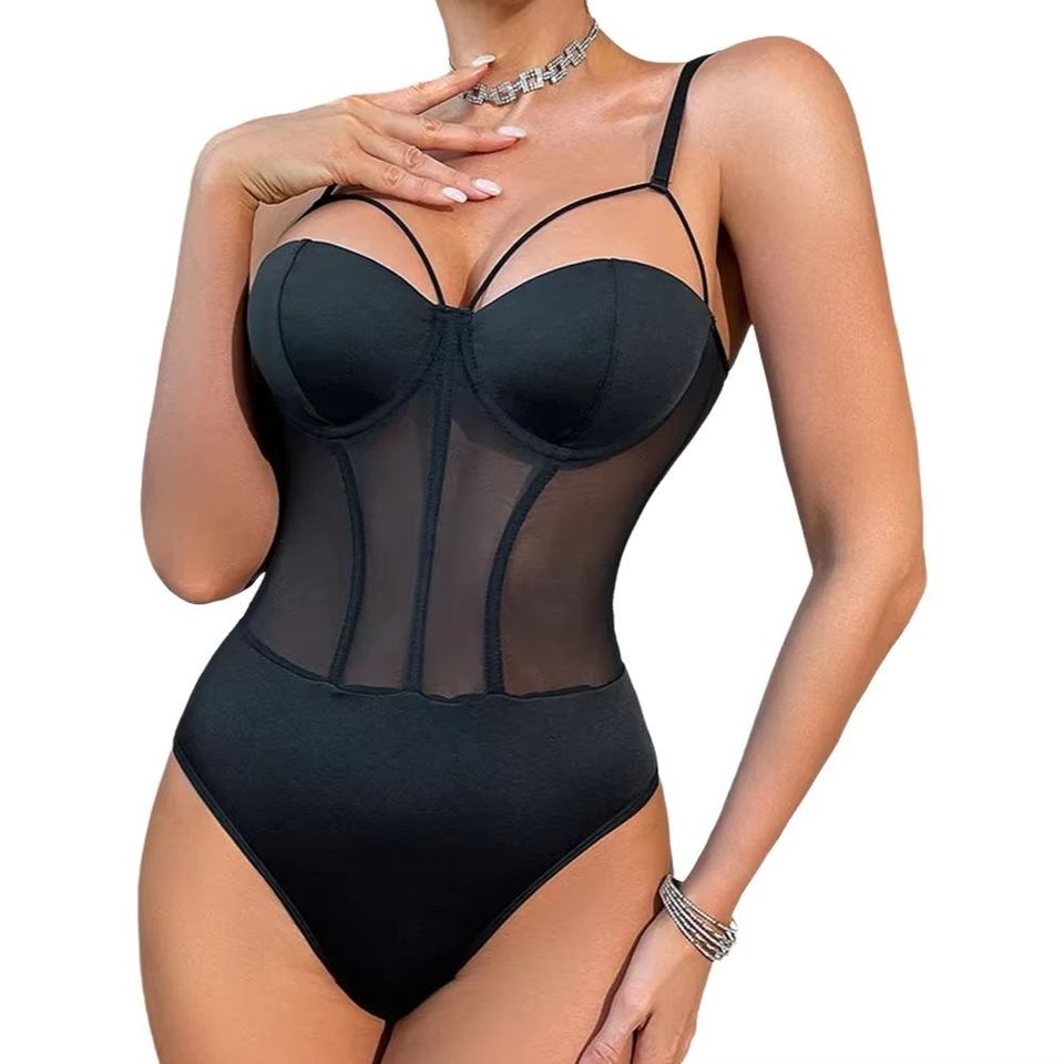  Sexy European And American Style See-through Mesh Bodysuit with Hollow out Design Back Shaping Steel Ring Gathered Full Body Sui 