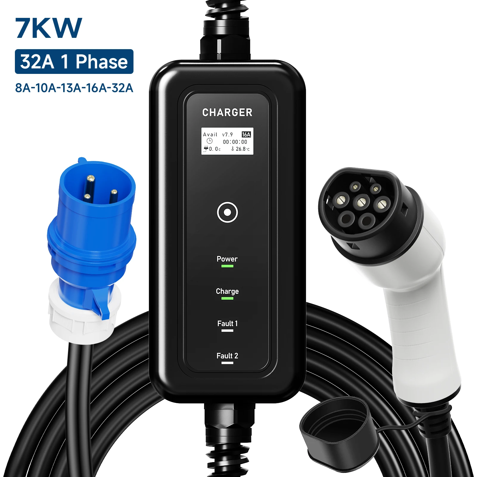 7KW 32A Portable EV Charger Type2 IEC62196-2 EVSE Charging Box Type1 SAE J1772 CEE Plug Controller Wallbox for Electric Vehicle kolanky ev charger 7 6kw 32a 1 фазный тип 2 iec62196 2 с app версией wallbox зарядная станция 5m кабель для электромобиля