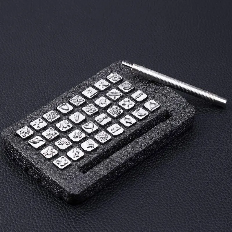 Leather Stamping Tool Set 33pcs 32pcs Leather Stamps Patterns with Stamping Handle for Craft