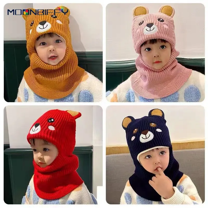 

Baby Winter Hat knitted Beanie hat with animal drawings for boy girl protective neck cap windproof Bonnet Fit 2 to 6 years