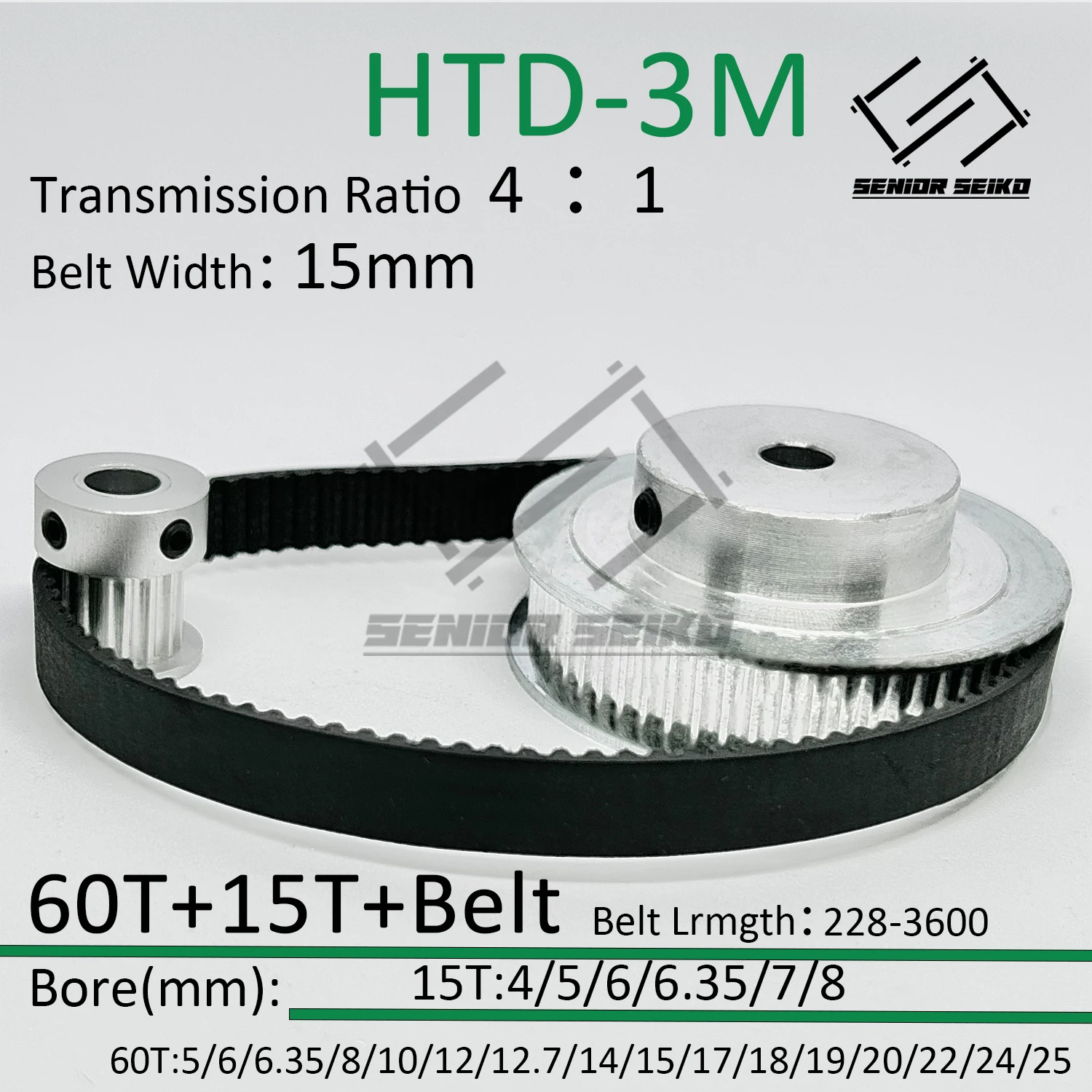 HTD3M 60Teeth 15T 15Teeth 60T Timing Pulley Belt Set Belt Width 15mm Bore 4~25mm Reduction 4:1 3M Pulley Kit Synchronous Wheel