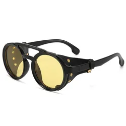 Vintage Steampunk Round Sunglasses with Leather Accents and UV Protection (Black yellow)