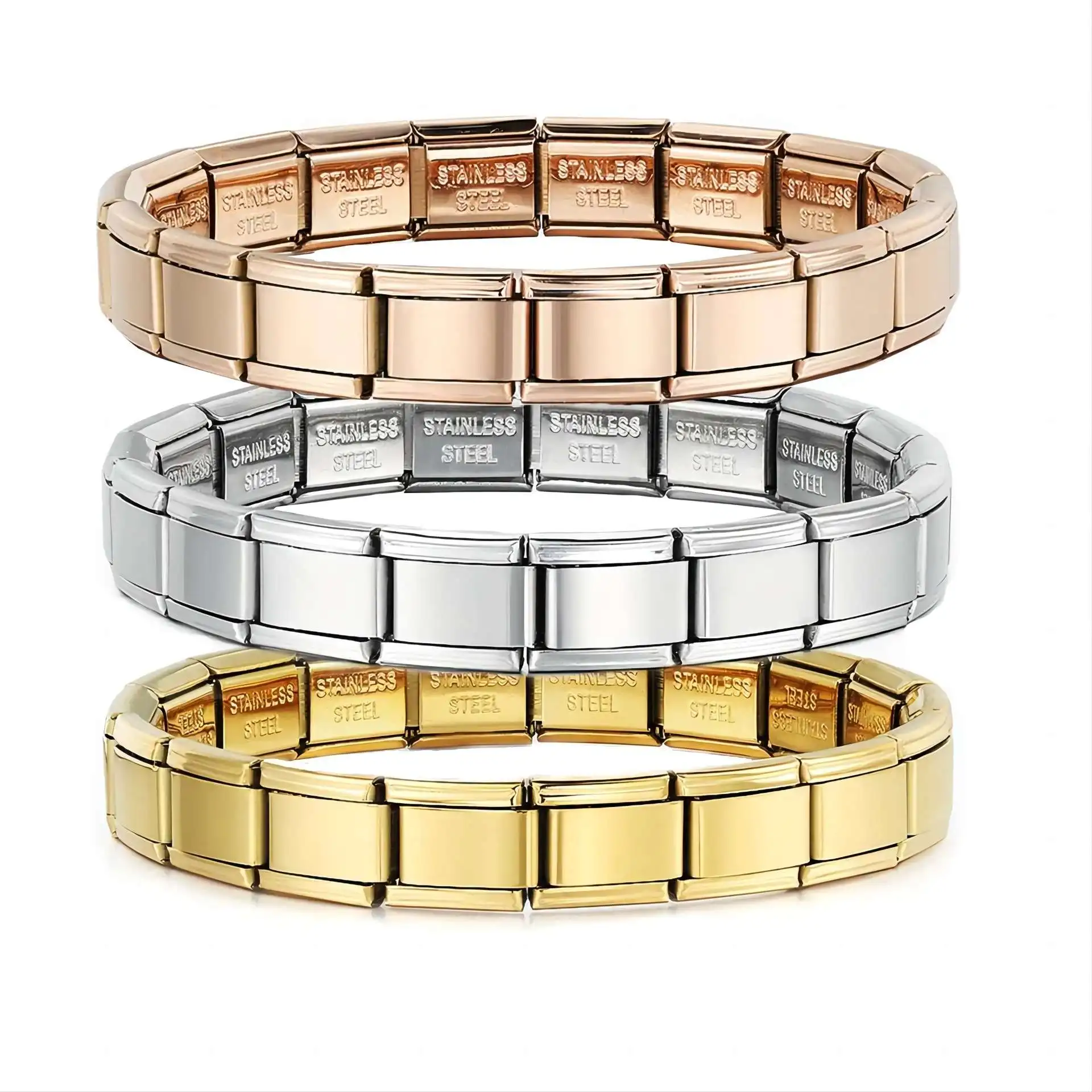 1PC Stainless Steel Stars Cross Elastic Italian Links Charm Bracelet 9mm Width Simple Design Bangle Men Women DIY Jewelry