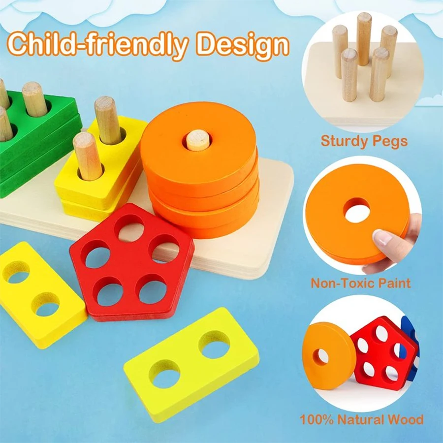 Montessori Wooden Geometric Shape Five Sets of Columns Blocks Assembling Children's Enlightenment Early Education Puzzle Toys 4