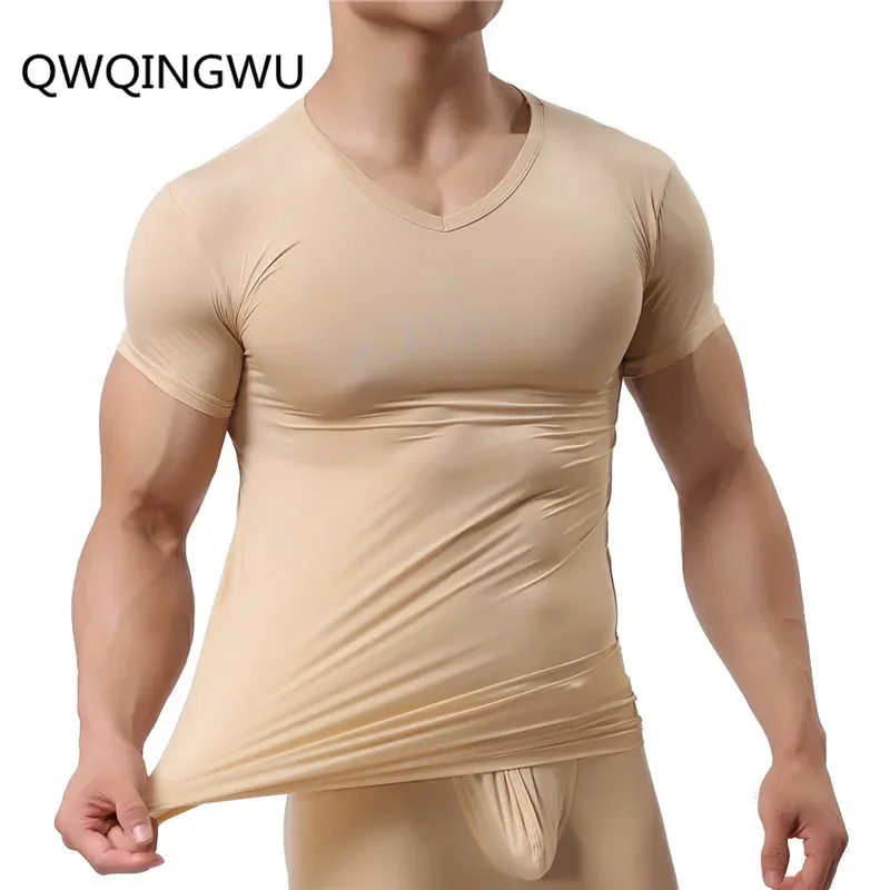 Man Ice Silk Spandex Sheer Nylon V-neck Short Sleeves Undershirt Ultra-thin Cool Thermal Sleepwear T Shirts Tops
