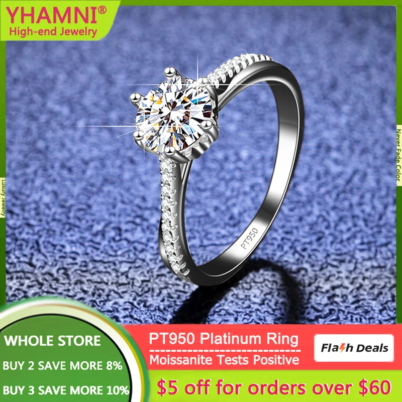 

YHAMNI Original PT950 Platinum Moissanite Ring Tests Positive 1 Carat Lab Diamond Rings for Women Wedding Band lifetime Jewelry