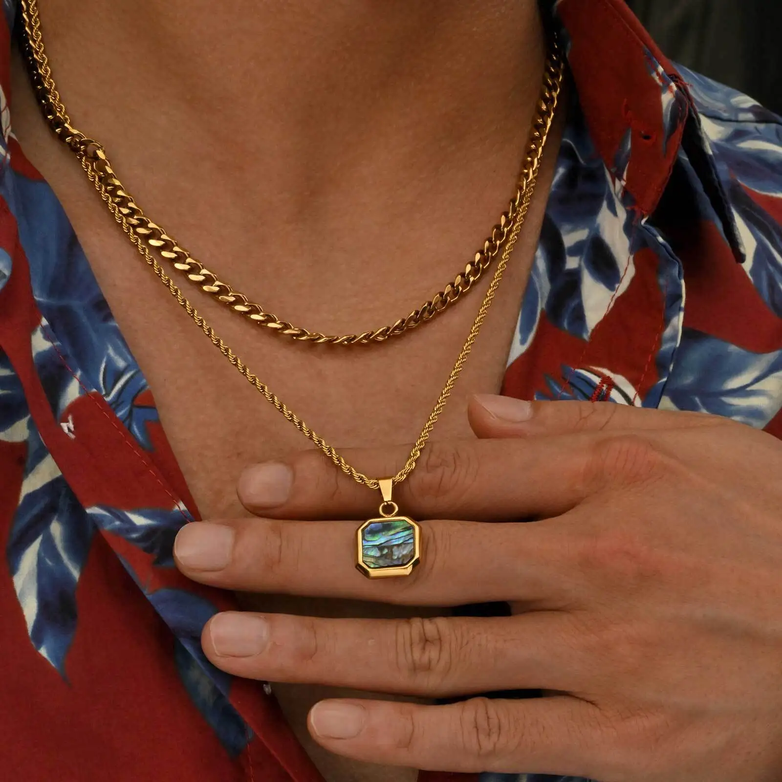 Trendy Abalone Shell Necklace for Men Boys,2pcs/set Stainless Steel Squre Pendant Necklace,Trendy Birthday Party Jewelry Gift