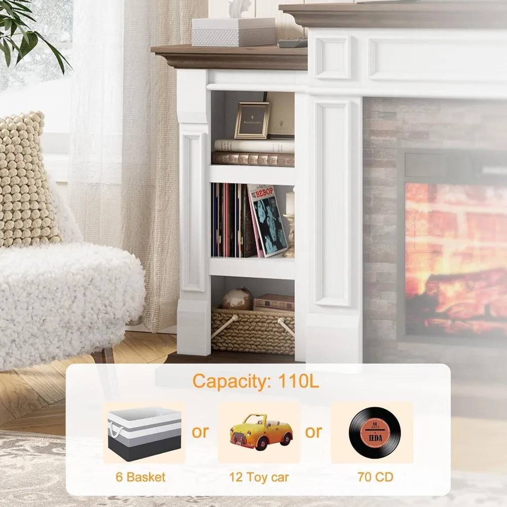 70" Electric Fireplace with Mantel and Cabinets, Fireplace TV Stand for Living Room Bedroom, Stacked Stone Surround 3