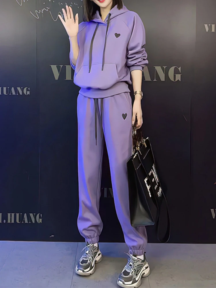 

Осень 2023, тонкий спортивный костюм для женщин, спортивный костюм с длинным рукавом, свитшот с капюшоном и брюки-карандаш, комплект из двух предметов с карманами-кенгуру