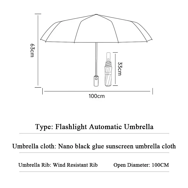 

Flashlight 10 Umbrella Automatic Bones High-grade Bag Creative Three Rainy Sunshade Business Fold Durable