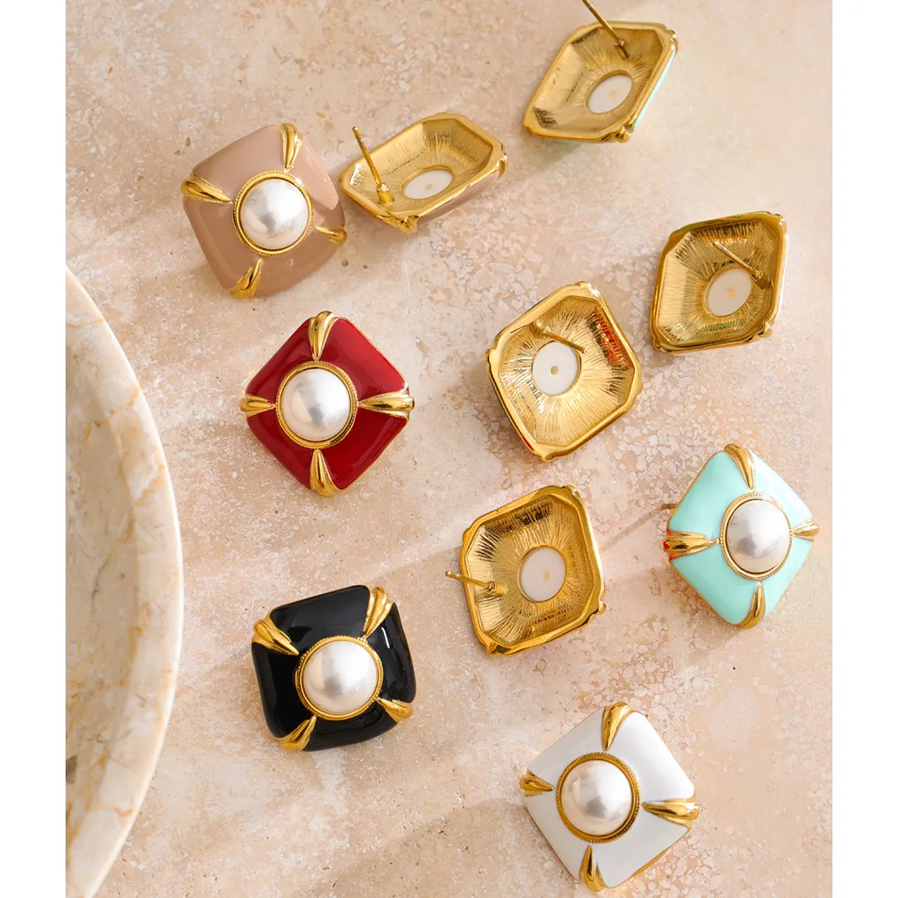Yhpup Multi-Color Enamel Simulated Pearls Square Stud Earrings