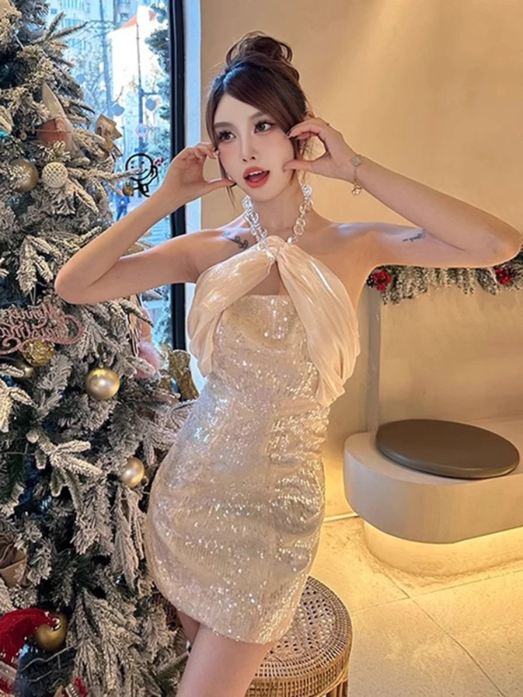 

2024 Champagne Color Party Sequin Dress Women Summer High Quality Crystal Pearl Neck Slim Shoulder Sexy Elegant Hip Wrap Skirt