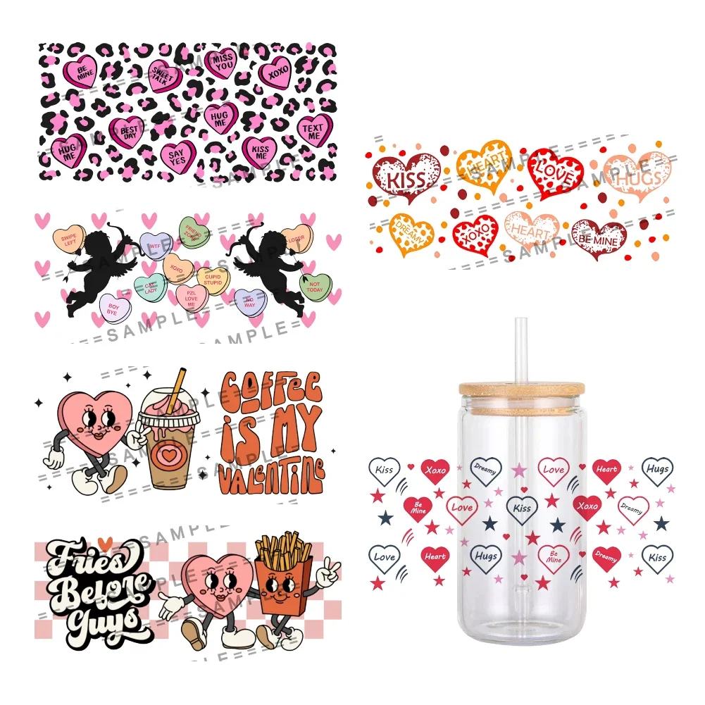 11x24cm Mini Sweet Love Heart Pattern Valentine's Day UV DTF Transfer Sticker Waterproof For 16oz Glass Cup Wrap Stickers