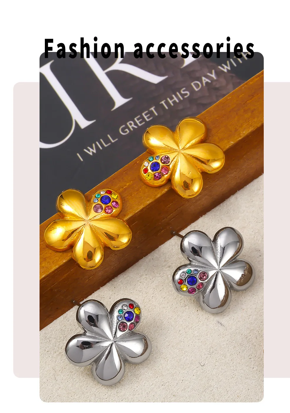 Modische Bunte Strass-Ohrringe Damen Edelstahl Blumenform Vergoldete Ohrstecker Sommer-Trend Schmuck-Accessoires – Detail 5