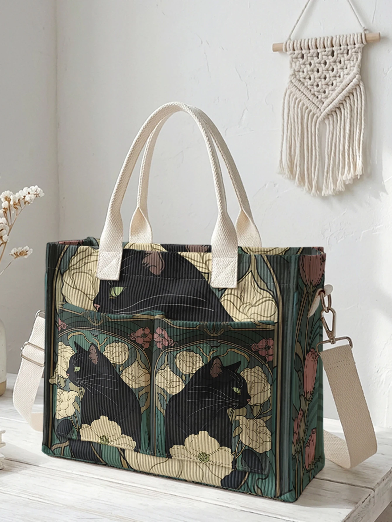 Art Nouveau Cord-Tragetasche mit schwarzem Katzen- und Blumenmuster, große Kapazität, mehrere Taschen, für Katzenliebhaber, Pendler-Umhängetasche