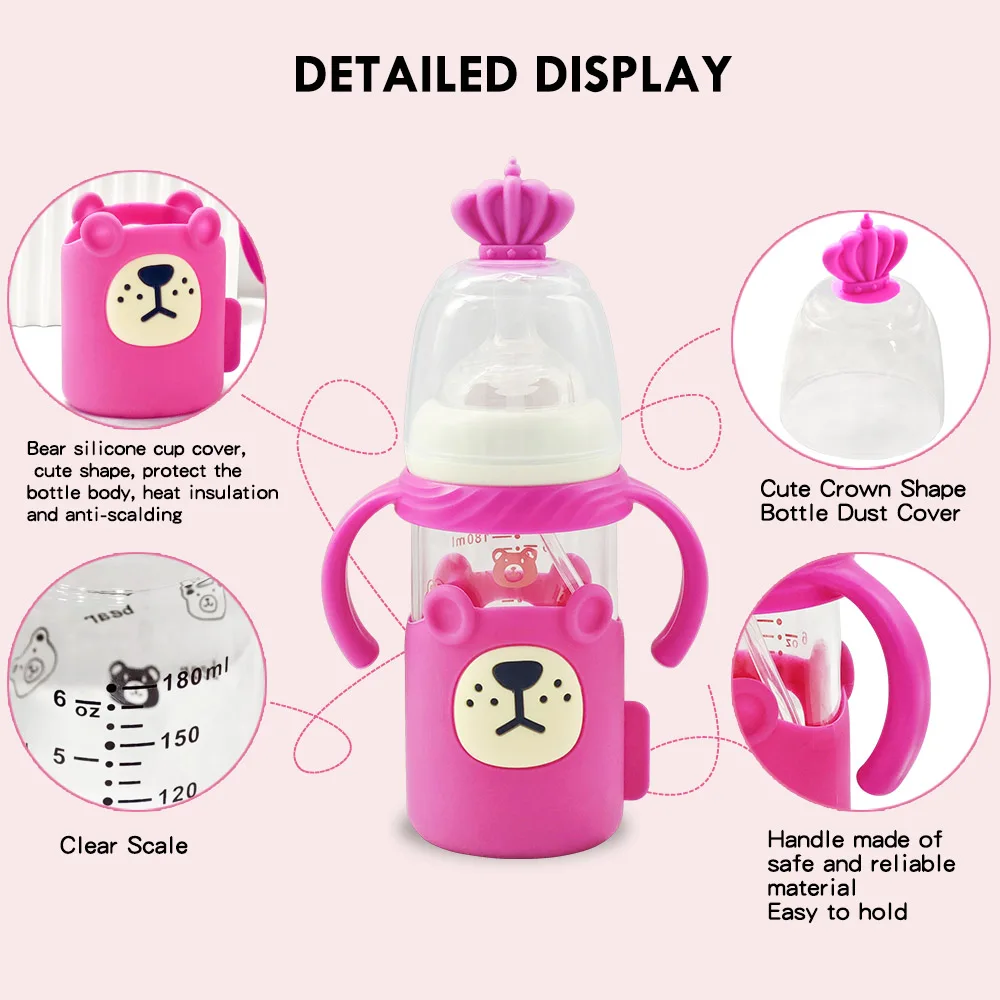 180ml Baby glass feeding bottle sippy cup with gravity ball leak proof drop proof silicone protective cover