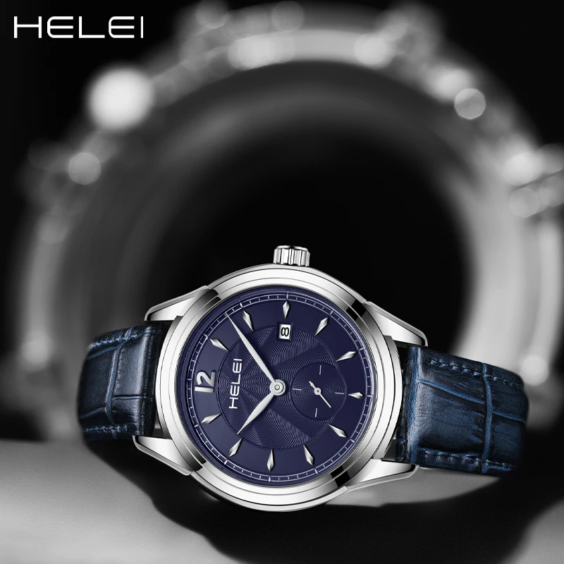 HELEI Men's Fashion Quartz Watch Leather Strap Waterproof Men's Watch Double Dial Pointer Calendar Display Gift For Men