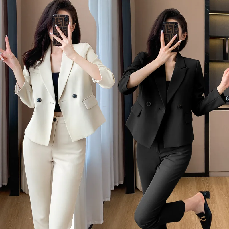 

White Suit Set Women's Spring and Autumn 2023 New Temperament Professional High Sense Large Size Short Casual Suit Jacket