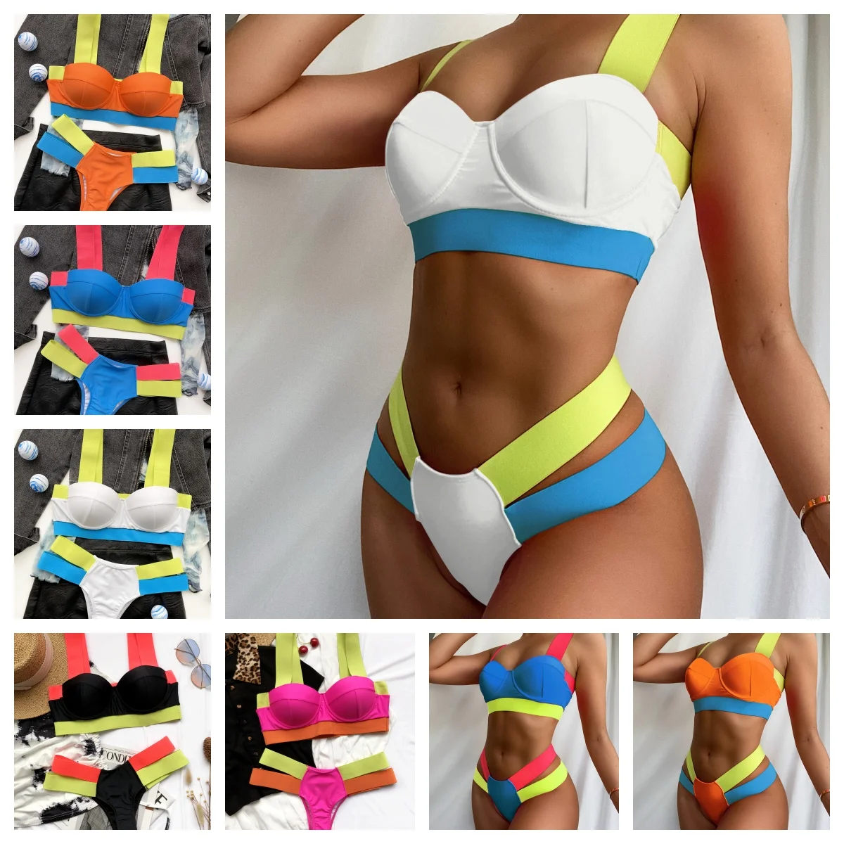 Bikini Set Swimwear Women Bathing Suit  Color contrast bandage bikini rigid steel bracket swimsuit Push Up Swimsuit Bikini Women