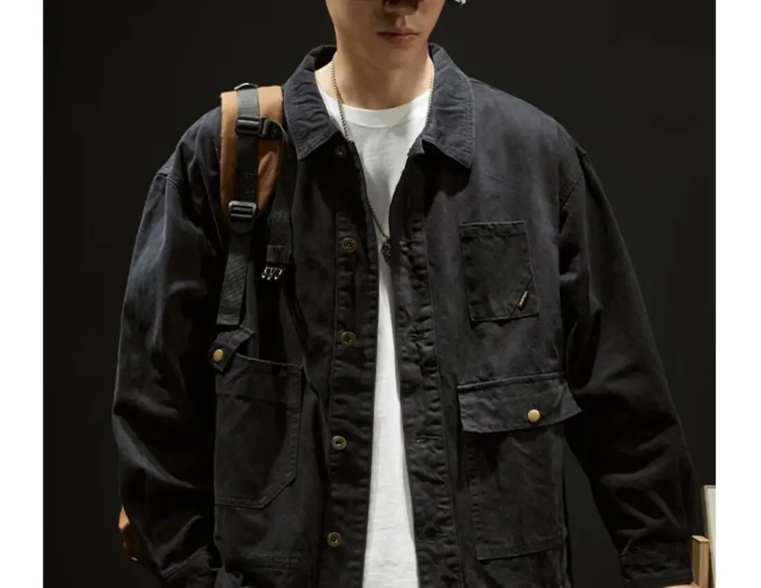 Men's Denim Jacket - Retro Korean Style Casual Workwear Coat with Functional Pockets