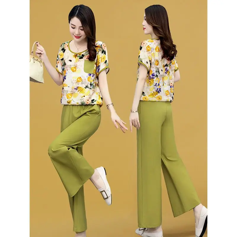 

Новинка 2024, летние женские повседневные Костюмы, женская рубашка из хлопка и льна с коротким рукавом и принтом и брюки с широкими штанинами, женские комплекты из двух предметов Z145