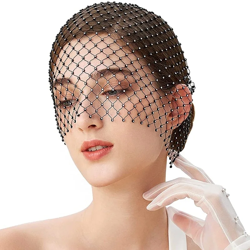 Masquerade Mask For Women Rhinestone Fishnet Turban Party Bonnet Headpieces Sparkly Veils For Bride Head Mask Sexy Mesh Headwear 3