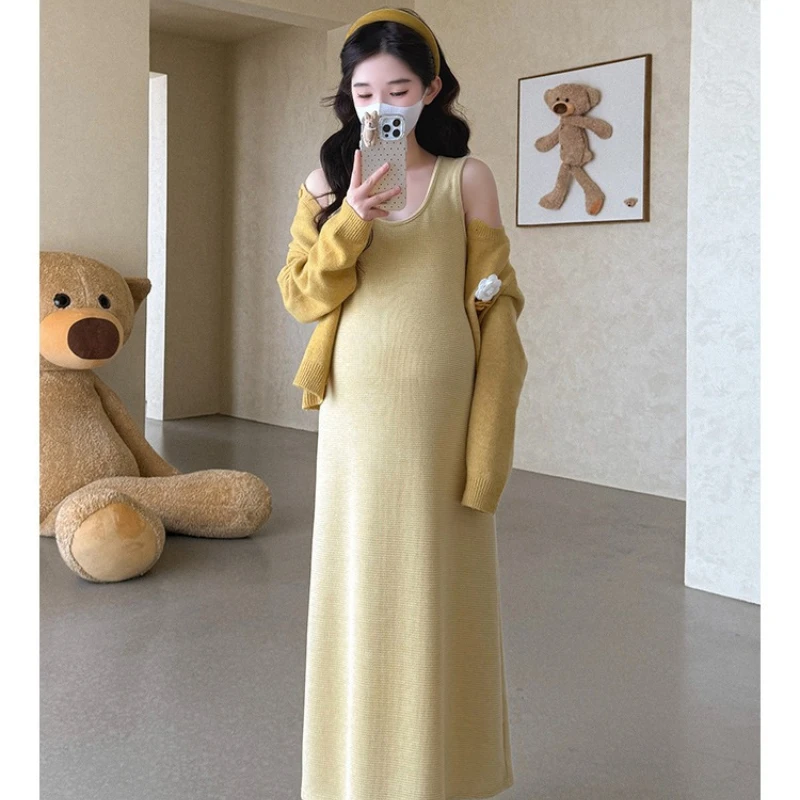 출산 세트 봄 가을 프랑스 스타일 부드러운 꽃무늬 스웨터 코트와 조끼 드레스 투피스 세트 임신 중에도 부드럽고 편안합니다