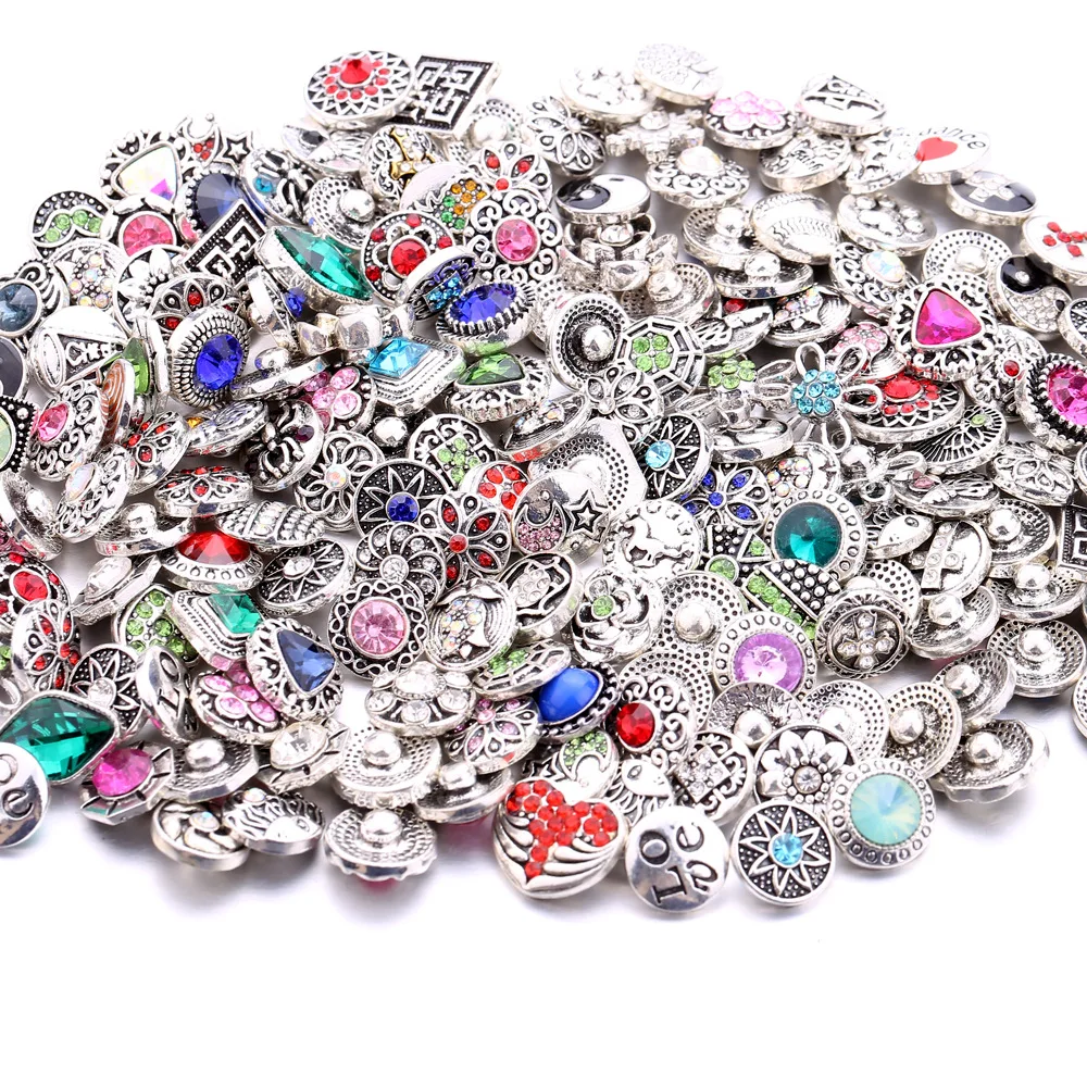 50pcs 12mm Snap Button Jewelry Charms Bracelets Mini Crystal Mixed Flower 12mm Snap Buttons for Earrings Bracelet