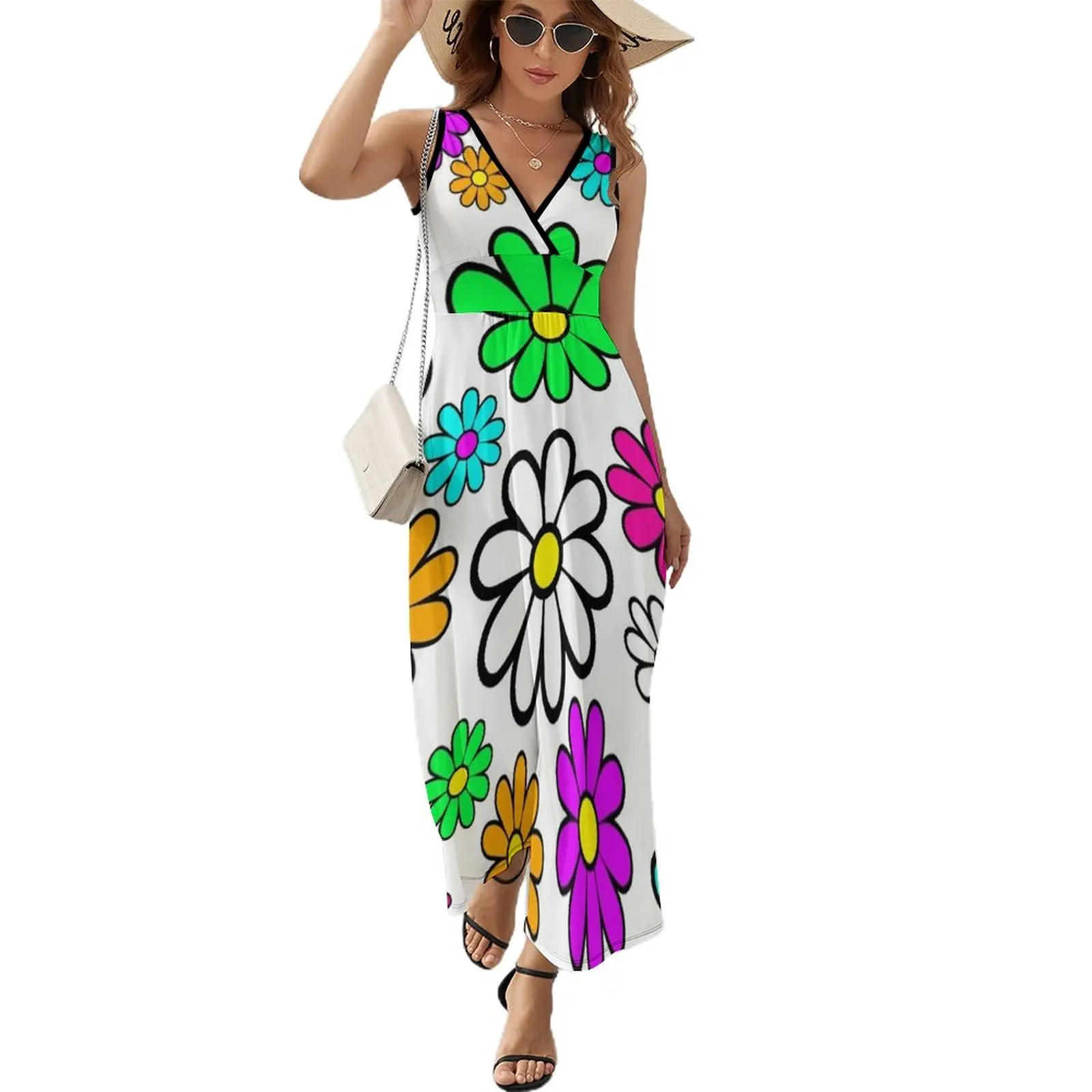 

Hippie Groovy Daisies Flowers Happy Flowers Pattern Sleeveless Dress festival outfit women women's summer clothing 2023