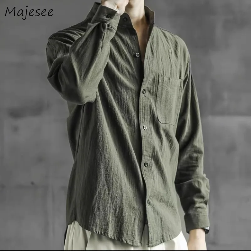 

Мужская Однотонная рубашка на пуговицах, повседневный топ со средними рукавами и карманами, универсальная Осенняя тонкая рубашка с воротником-стойкой, популярная шикарная уличная одежда