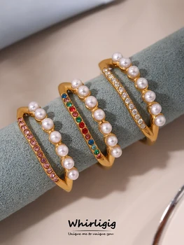 Eleganti Anelli Impermeabili in Acciaio Inossidabile per Donne, Placcati in Oro 18k con Zirconi Colorati e Charm di Perle Simulate